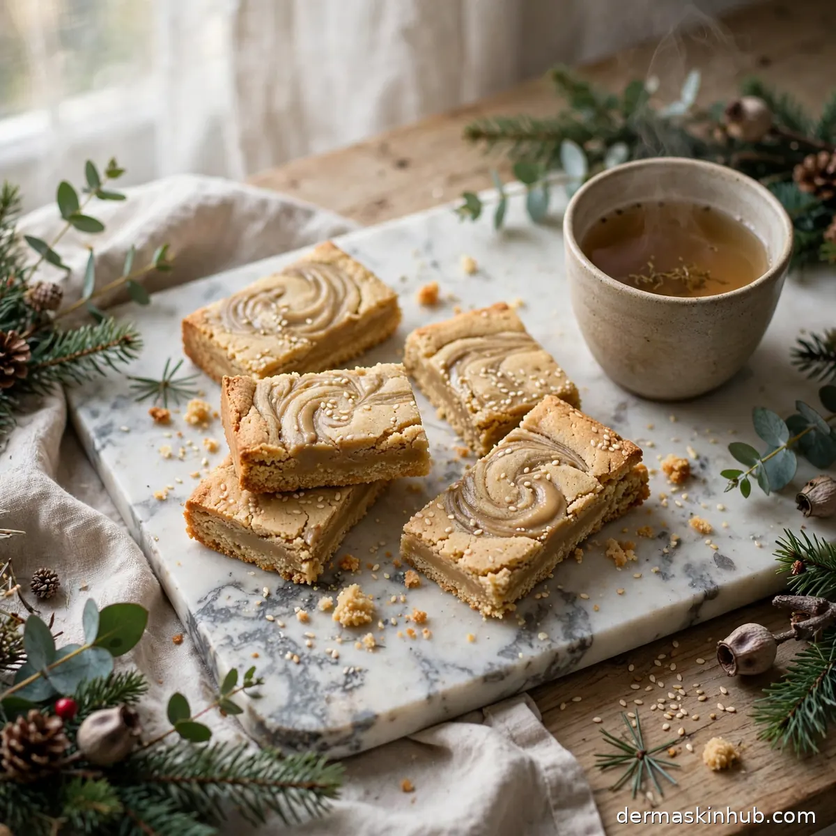 Tahini swirl shortbread bars on a marble board with tea and Christmas greenery