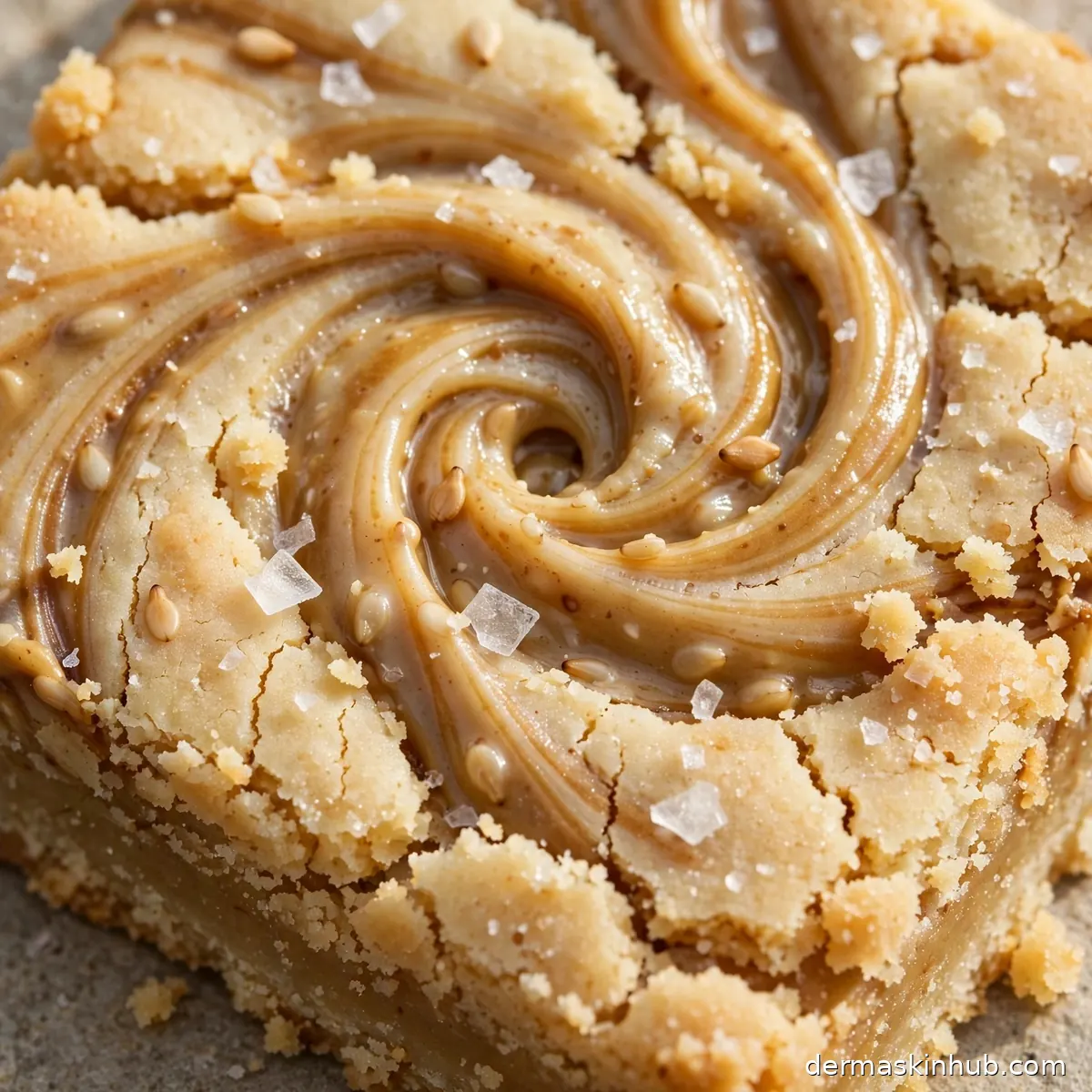 Close-up of a tahini swirl shortbread bar showing the sesame marbling