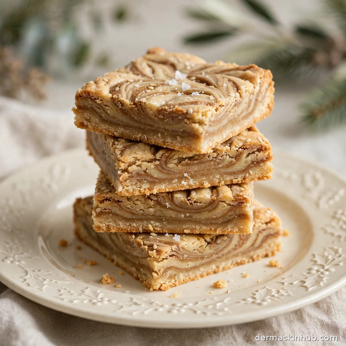 Tahini swirl shortbread bars with sesame marbling stacked on a Christmas plate