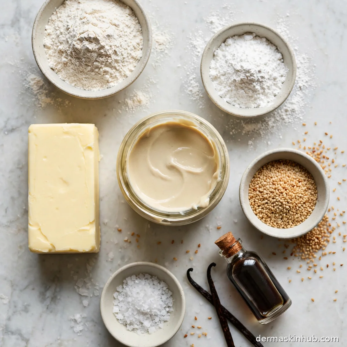 Ingredients for tahini shortbread: butter, flour, tahini, sugar and sesame seeds