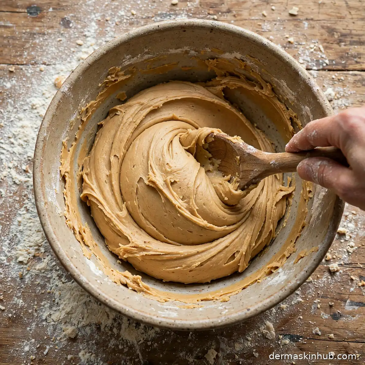 Mixing tahini shortbread dough with a wooden spoon in a bowl