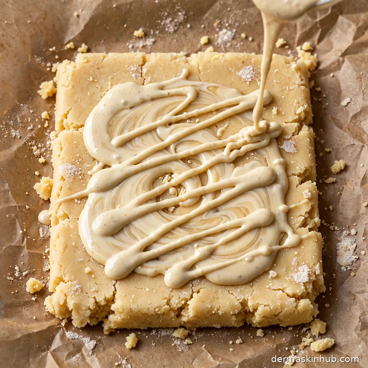 Drizzling tahini over shortbread dough for the swirl effect