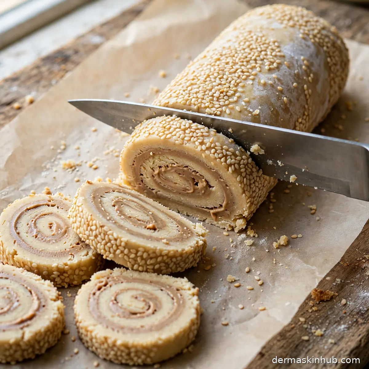 Slicing the chilled tahini shortbread log into rounds