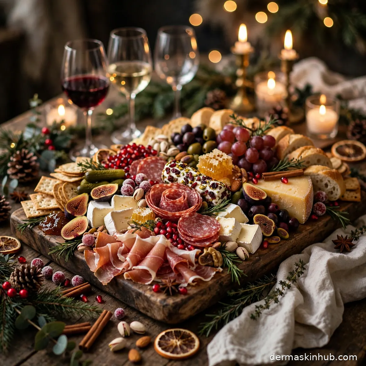 Finished Christmas charcuterie board on a holiday table with wine glasses and candles