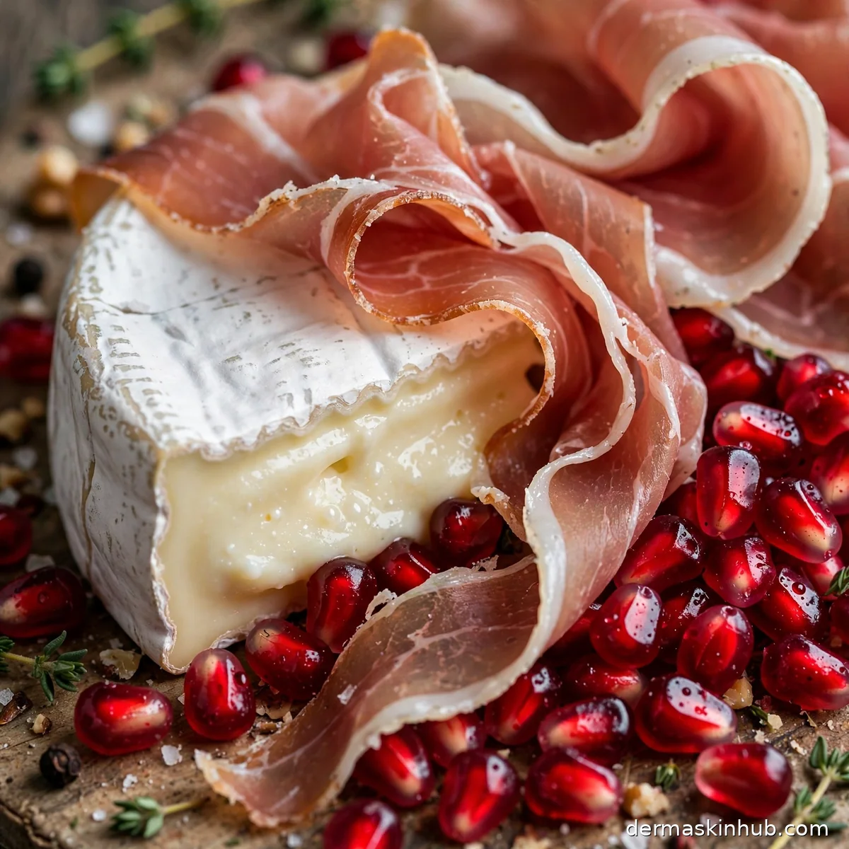 Close-up of brie, prosciutto ribbons and pomegranate seeds on the charcuterie board