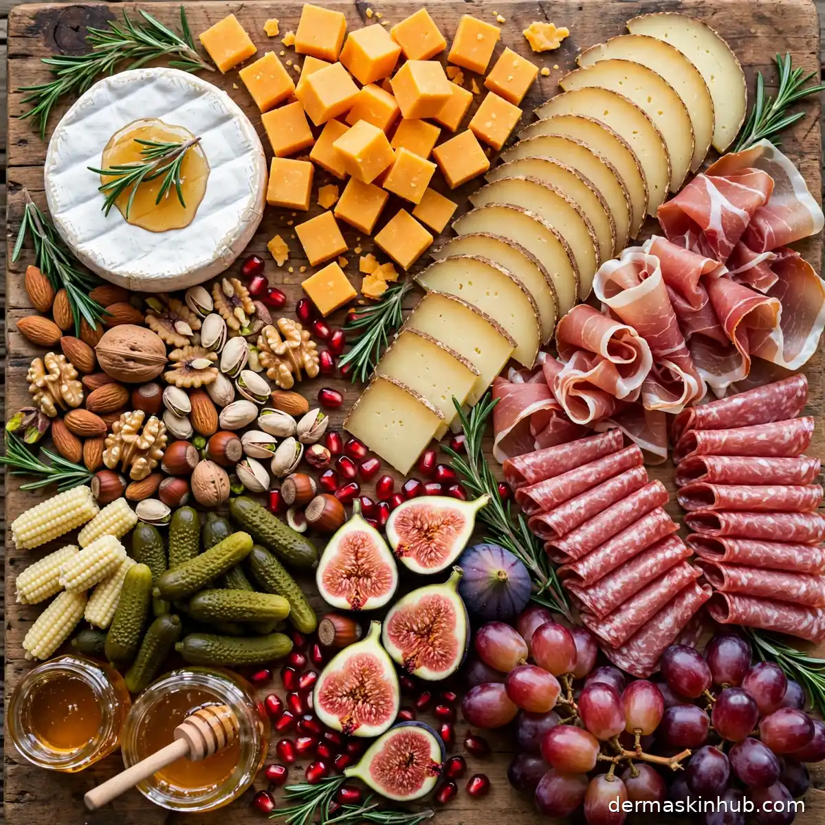 Overflowing Christmas charcuterie board with cheeses, meats, fruits and nuts on a wooden board