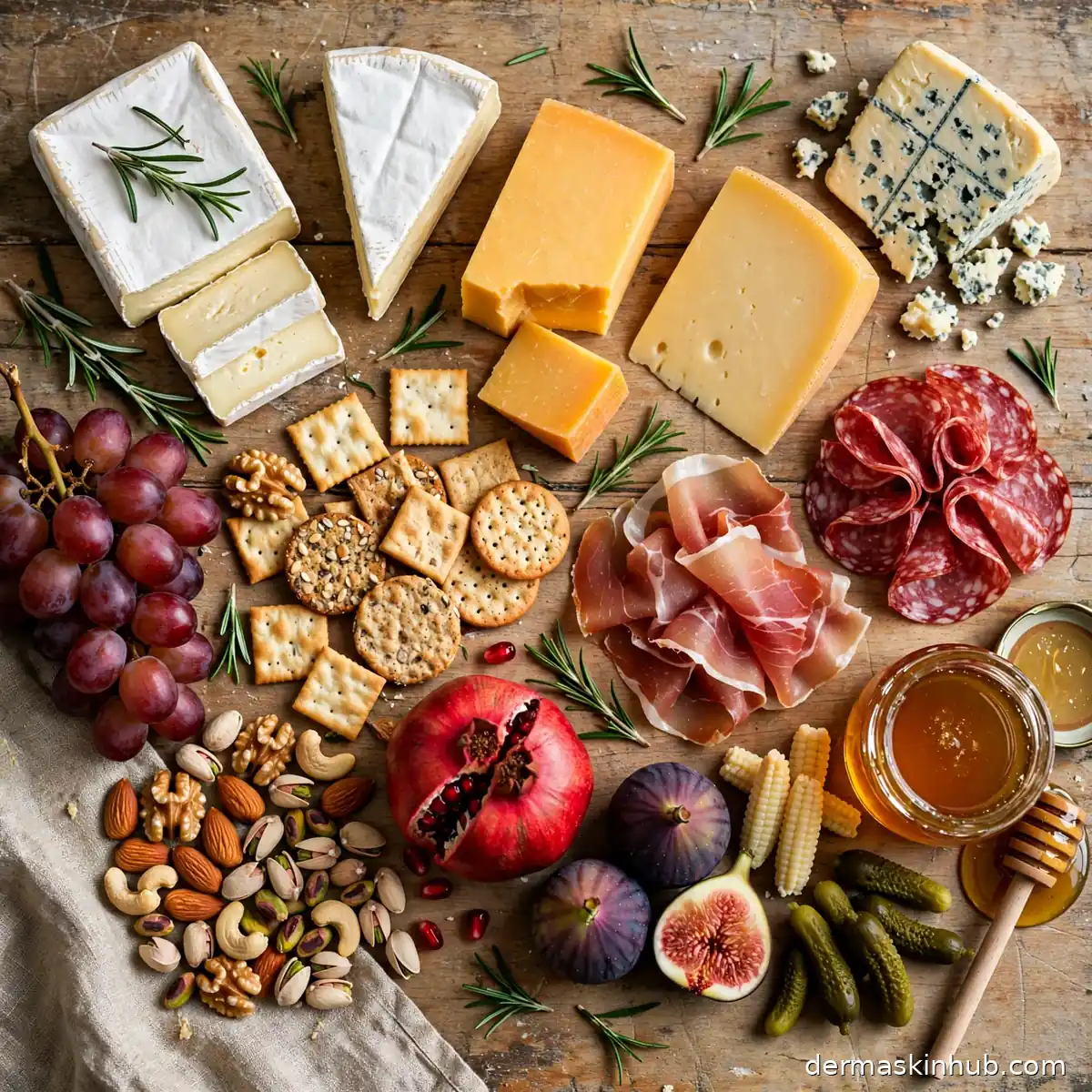 Charcuterie board ingredients: cheeses, cured meats, grapes, figs, nuts and honey