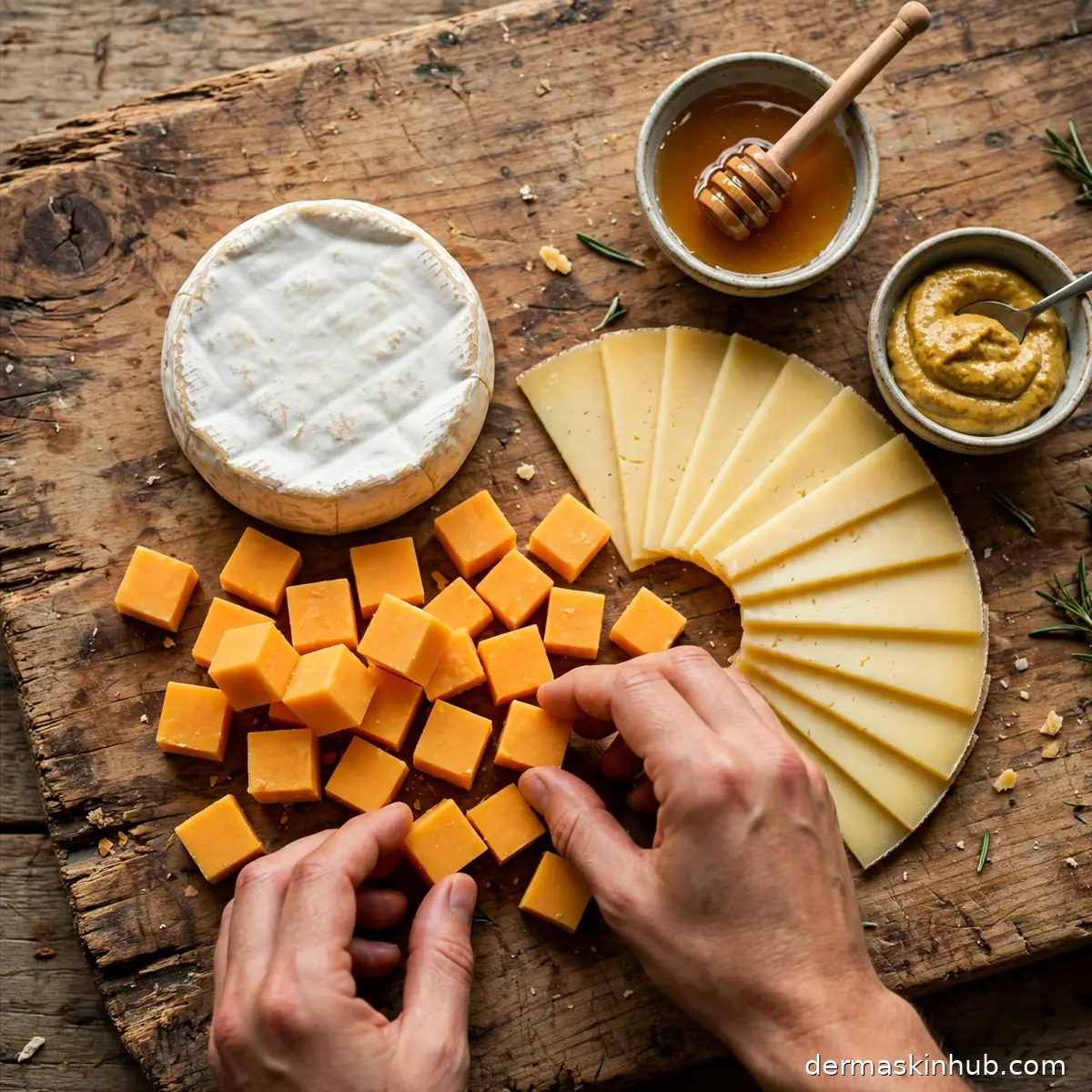 Placing brie, cheddar and gouda on a large wooden board