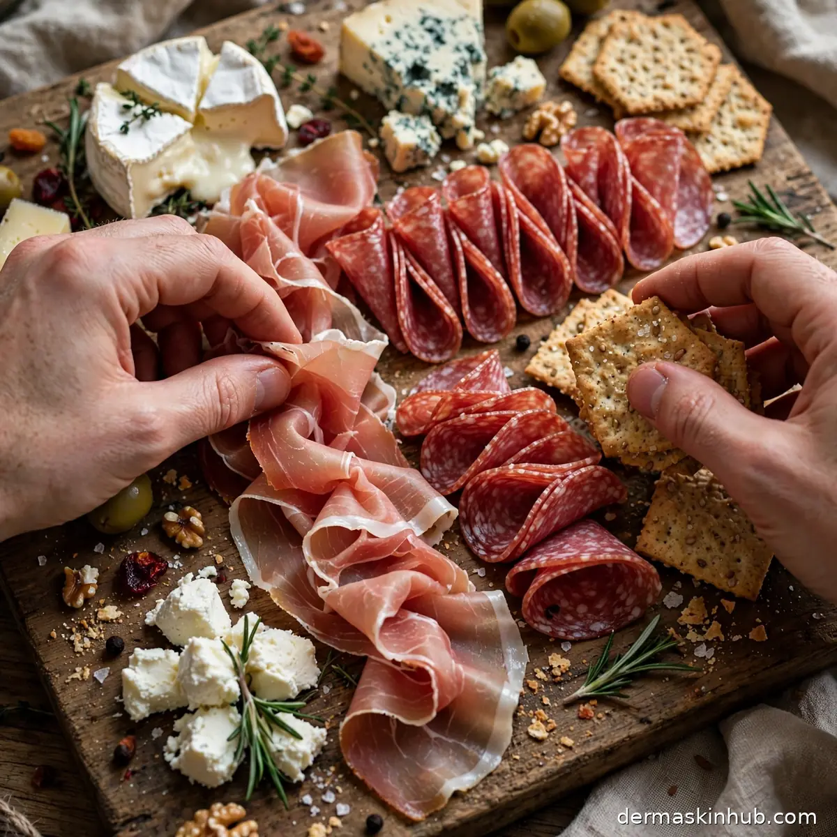 Arranging ribboned prosciutto and folded salami on the board