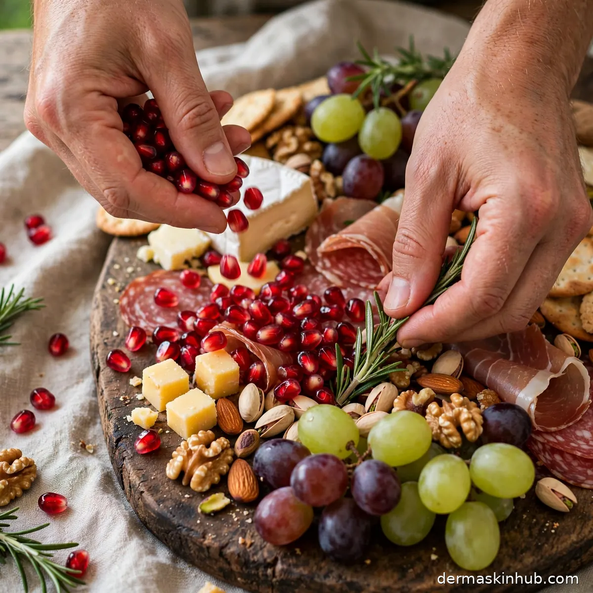 Filling board gaps with grapes, pomegranate seeds and rosemary garnish
