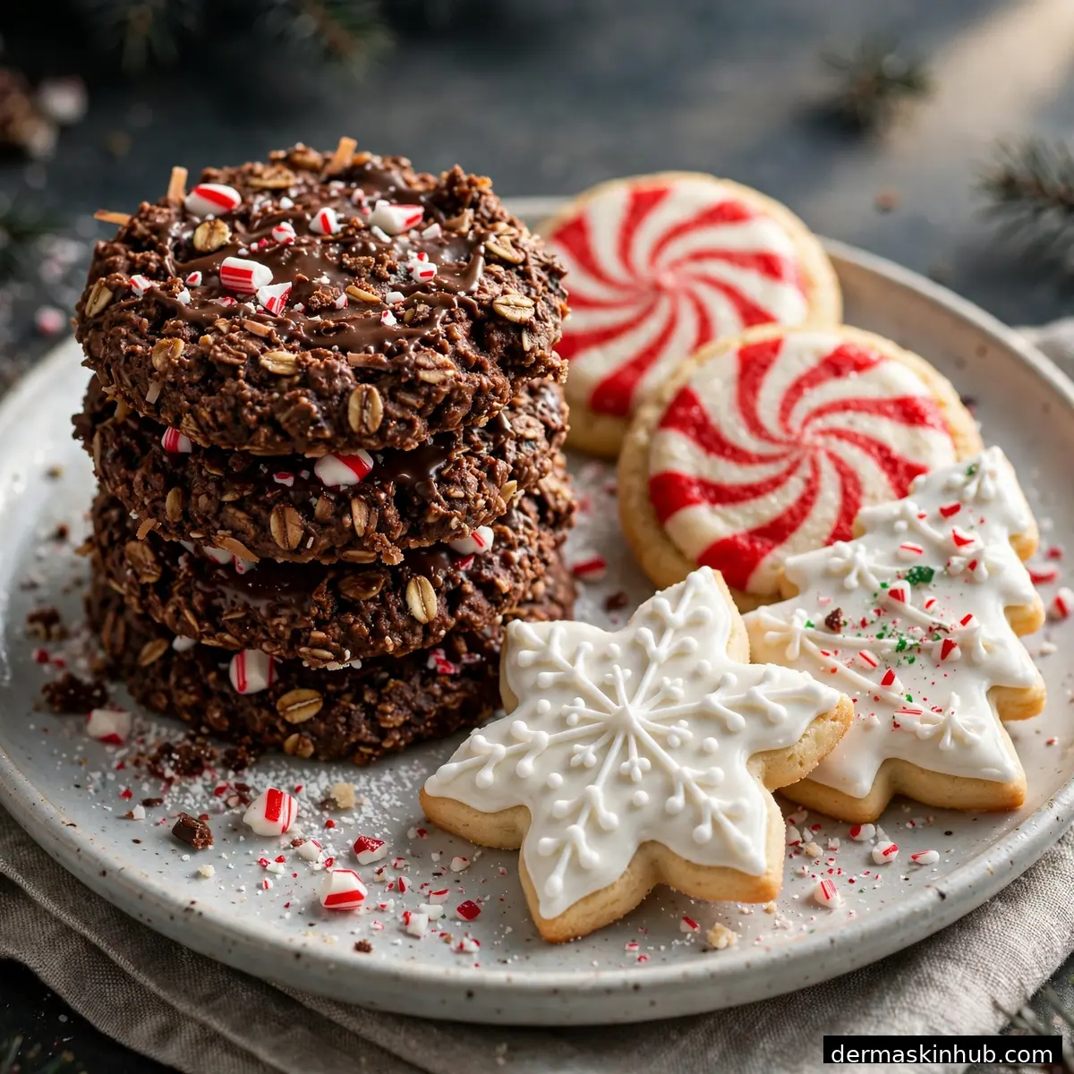 Plate of no-bake Christmas cookies with peppermint