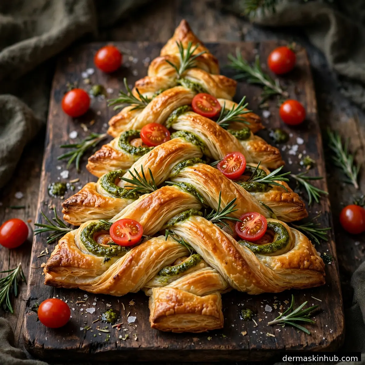 Christmas tree shaped puff pastry appetizer with pesto and tomatoes