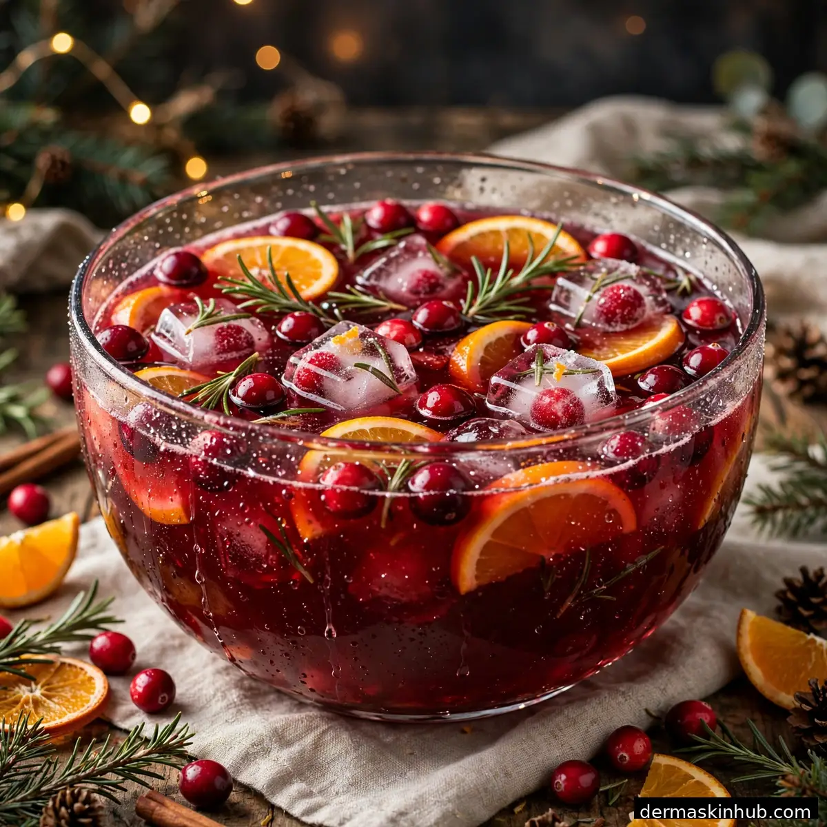 Christmas punch bowl with cranberries and orange slices