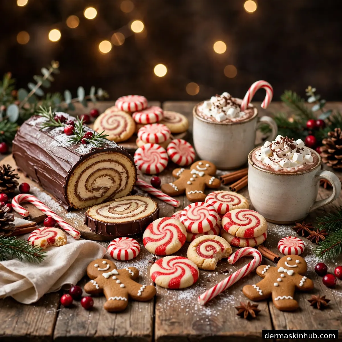 Christmas dessert spread with cookies, yule log, candy canes and hot cocoa