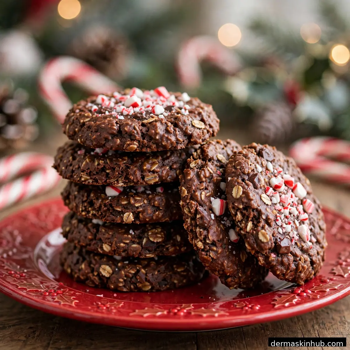 Stack of no-bake chocolate peppermint oat cookies on a red Christmas plate