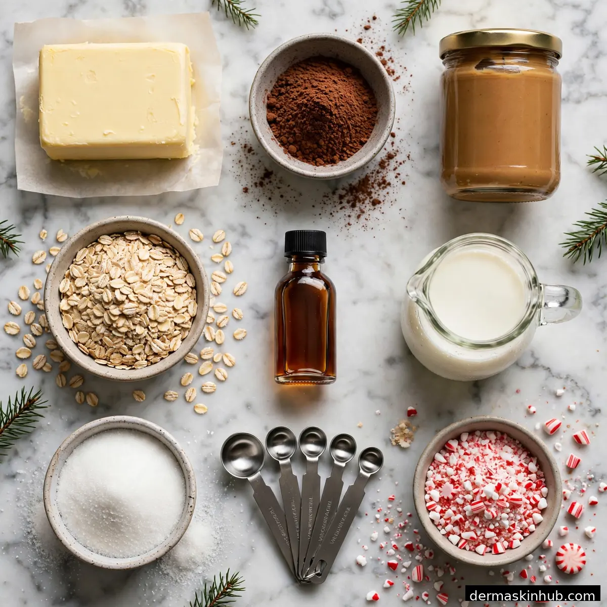 Ingredients for no-bake Christmas cookies laid out on marble