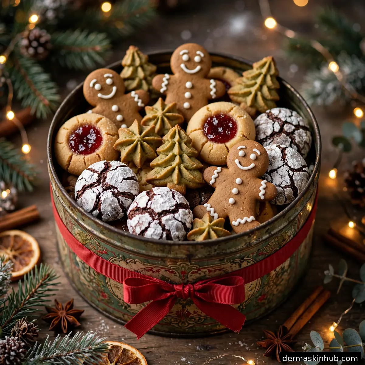 Vintage tin filled with assorted old-fashioned Christmas cookies