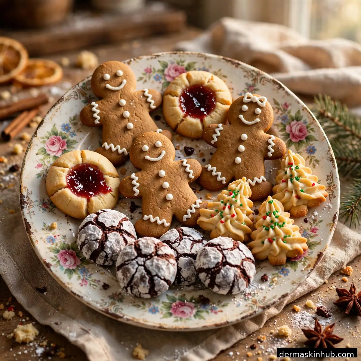 Old-fashioned Christmas cookies on a vintage floral plate