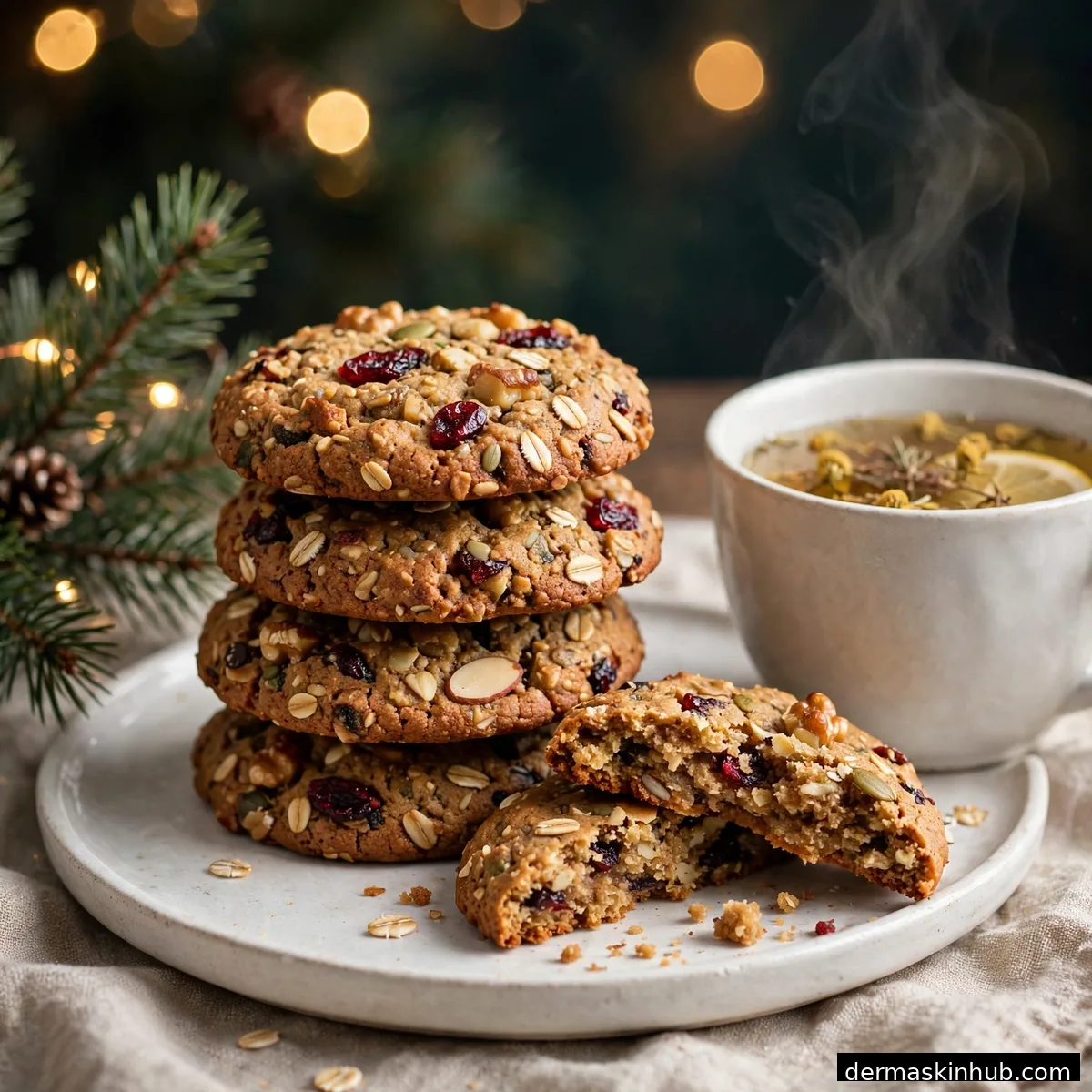 Stack of healthy Christmas cookies with a cup of herbal tea