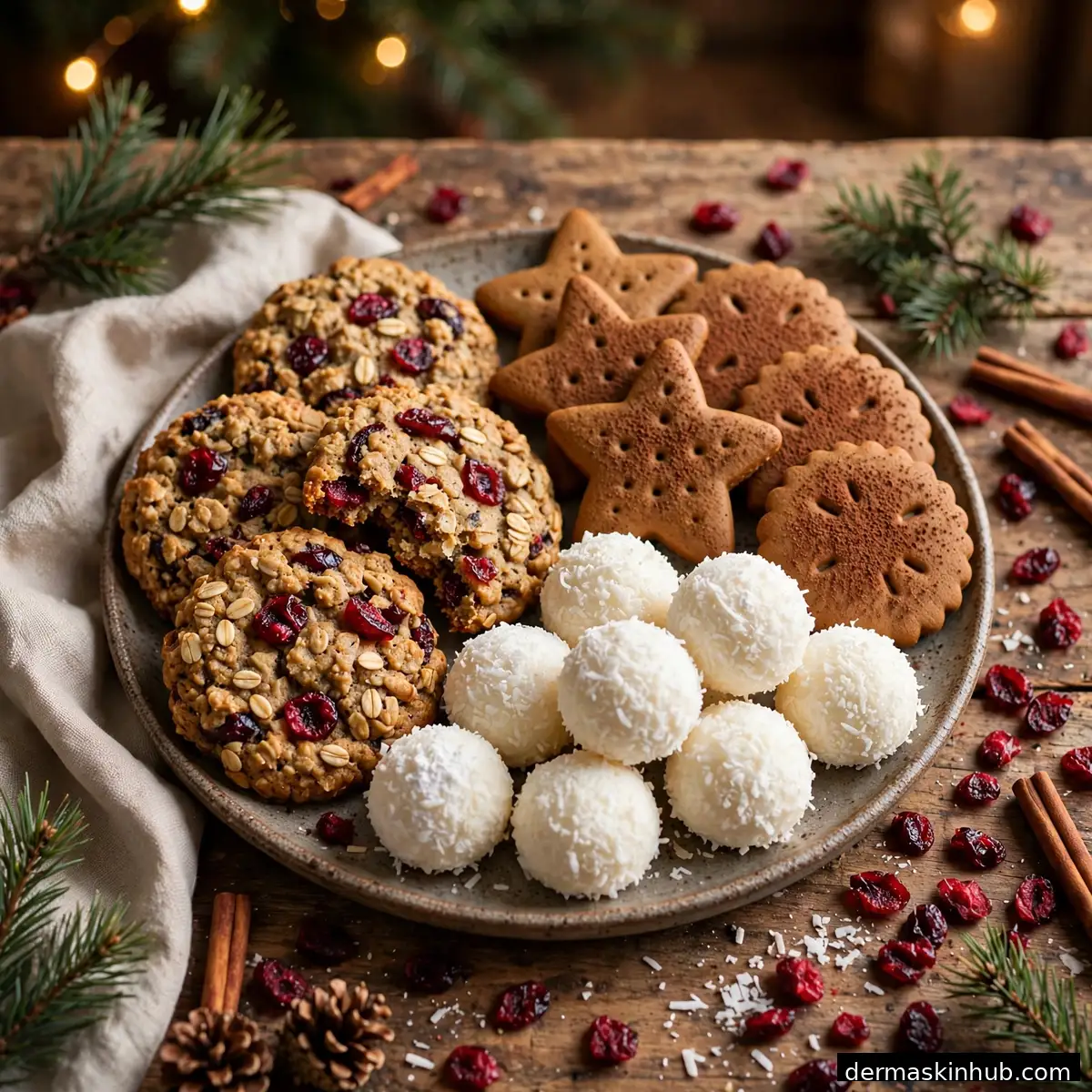 Platter of healthy Christmas cookies - oatmeal cranberry, gingerbread stars and coconut snowballs