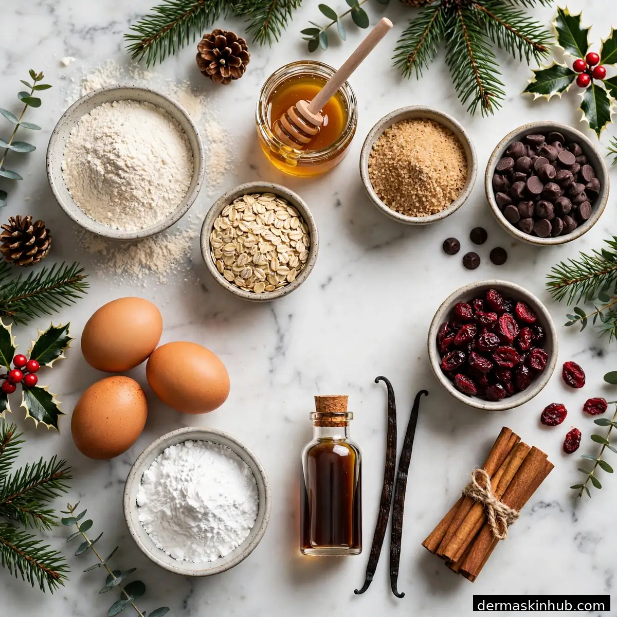 Wholesome Christmas cookie ingredients laid out on marble