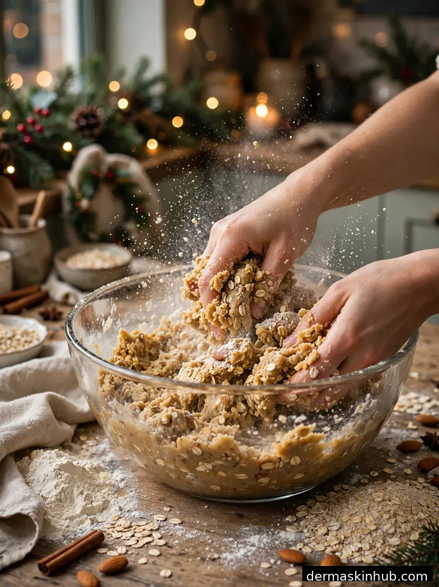 Mixing healthy cookie dough with oats in a glass bowl
