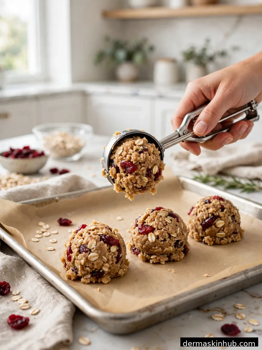 Scooping oatmeal cranberry cookie dough onto a baking sheet