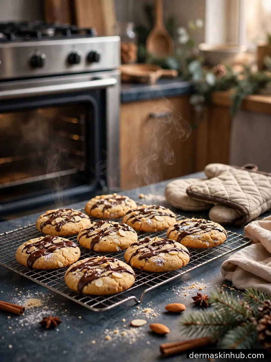 Fresh baked healthy cookies cooling on a rack with chocolate drizzle
