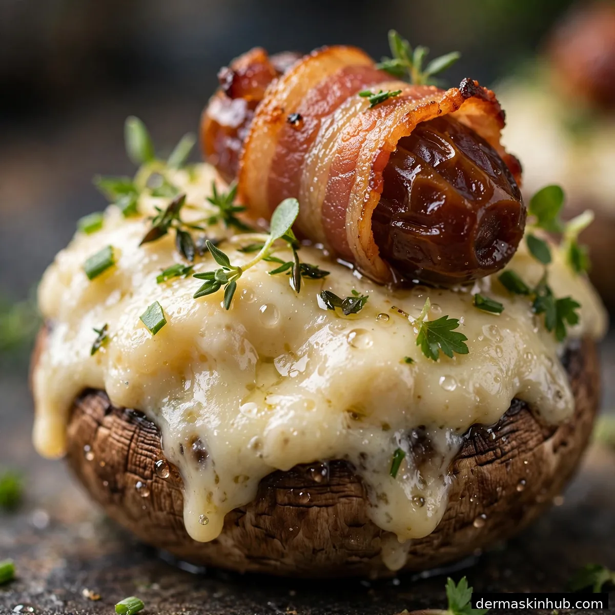 Close-up of stuffed mushroom and bacon-wrapped date appetizers