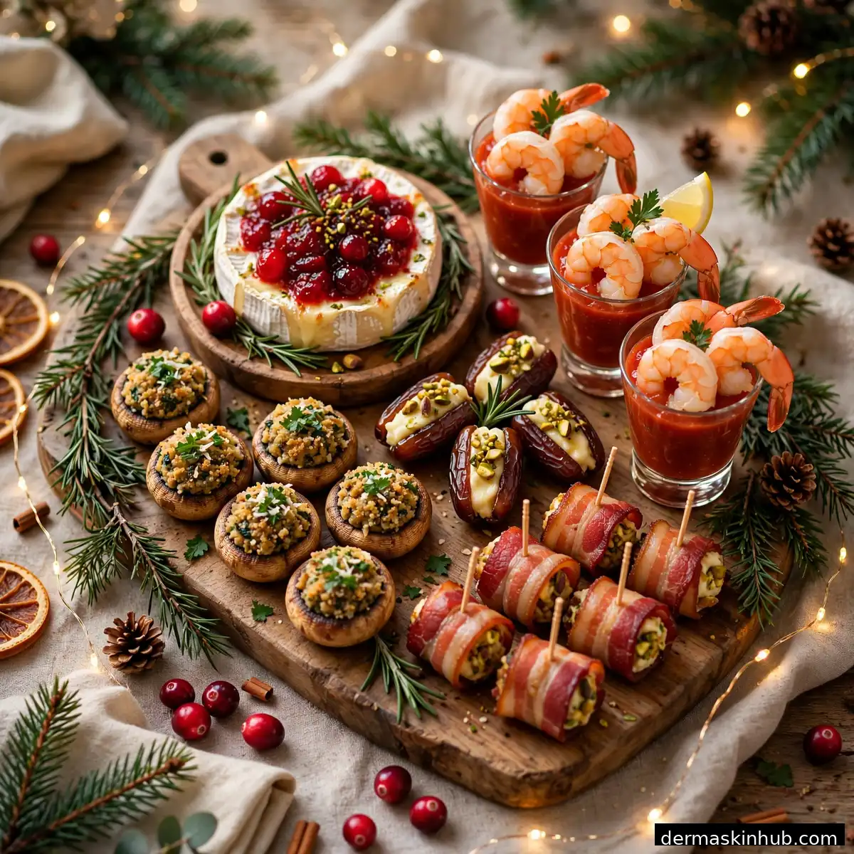 Festive Christmas appetizer spread with stuffed mushrooms, baked brie and shrimp cocktails