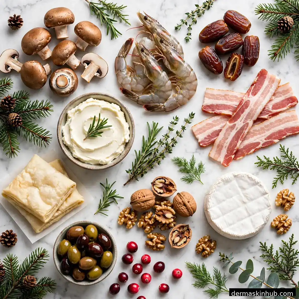 Christmas appetizer ingredients flat lay on marble