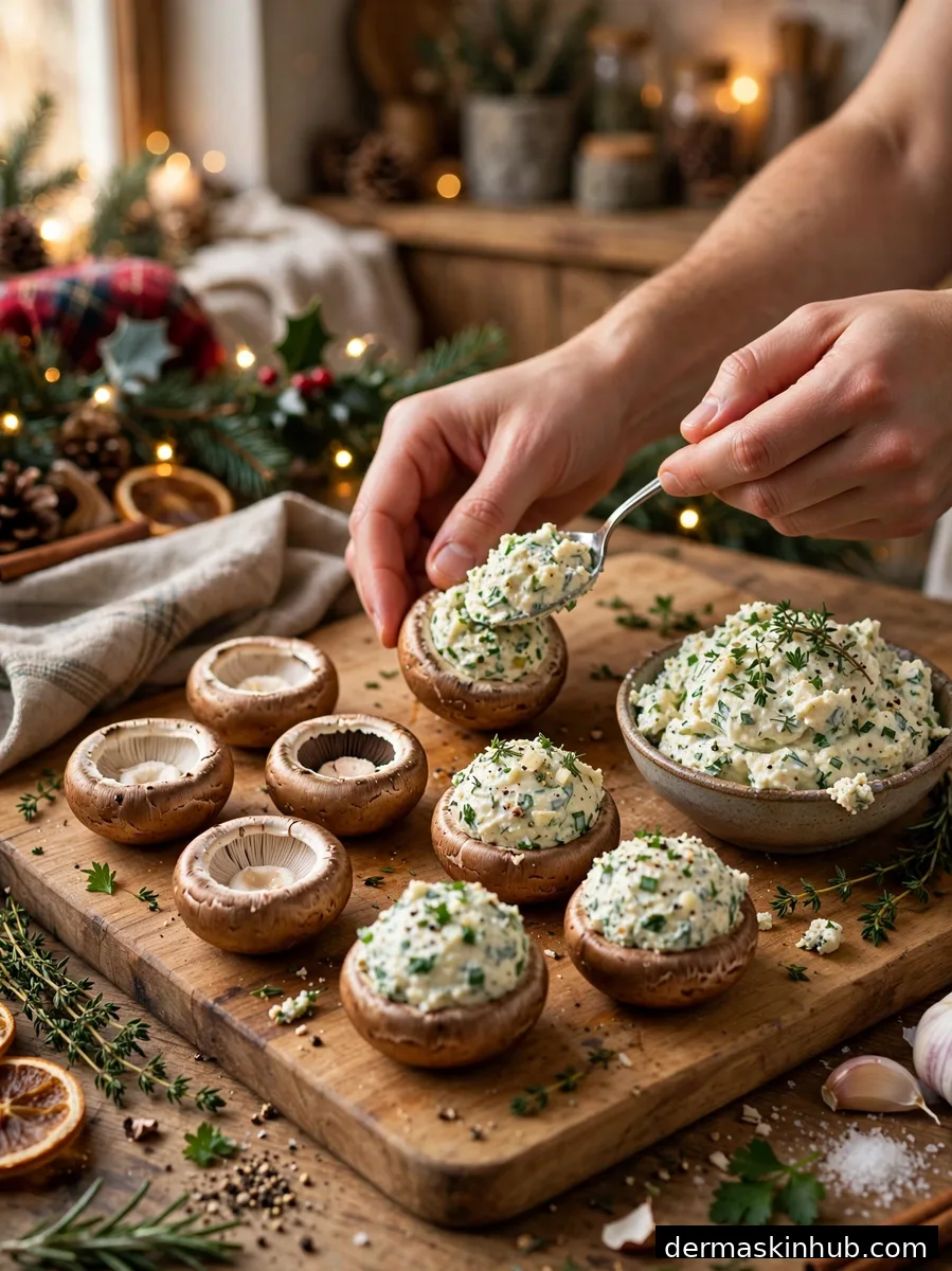 Stuffing mushroom caps with herbed cheese filling