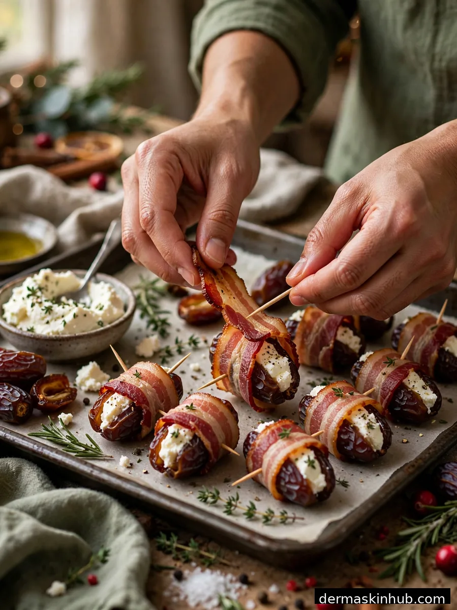Wrapping goat cheese dates with bacon strips