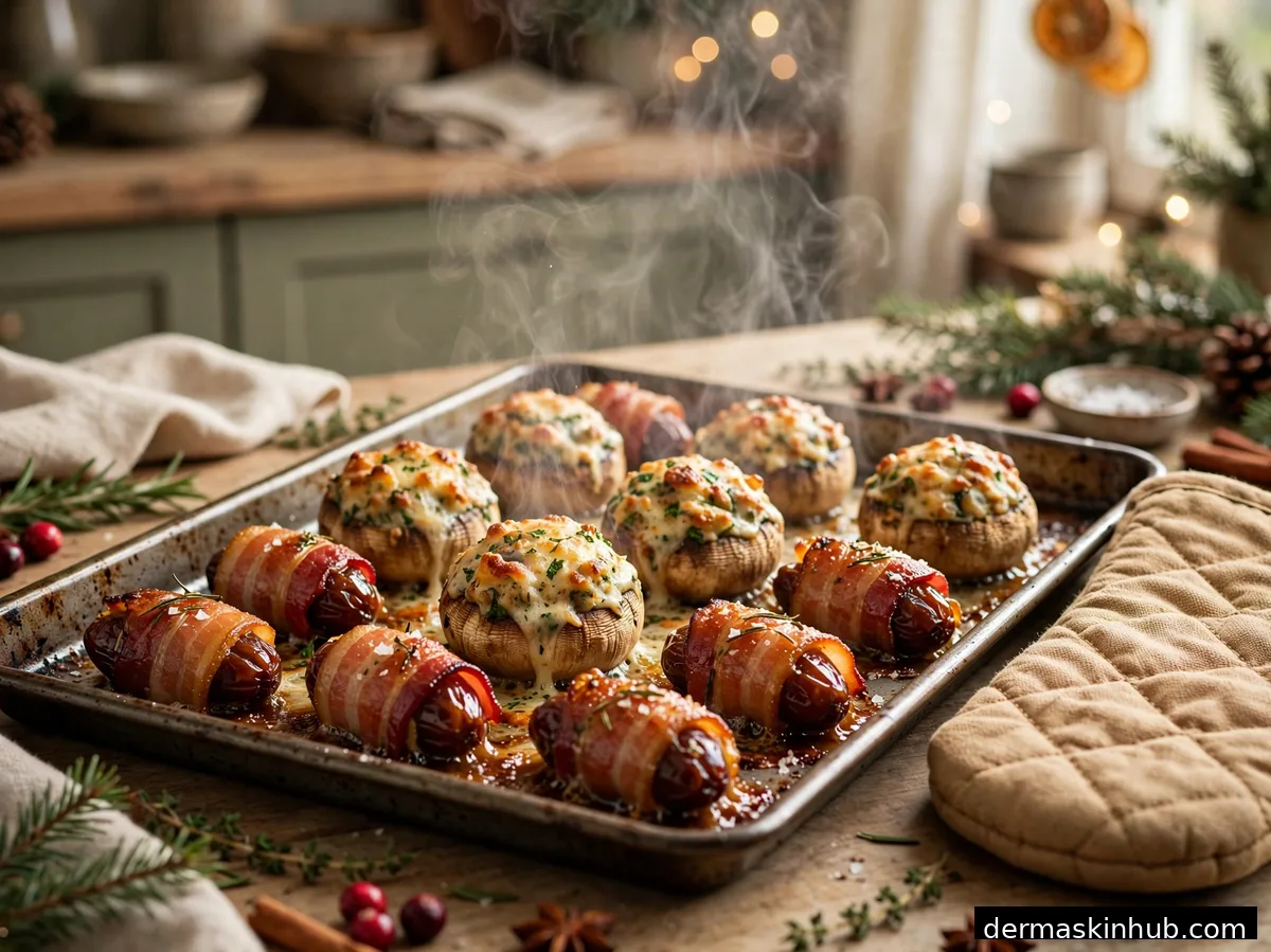Baked appetizers fresh from the oven on a sheet pan