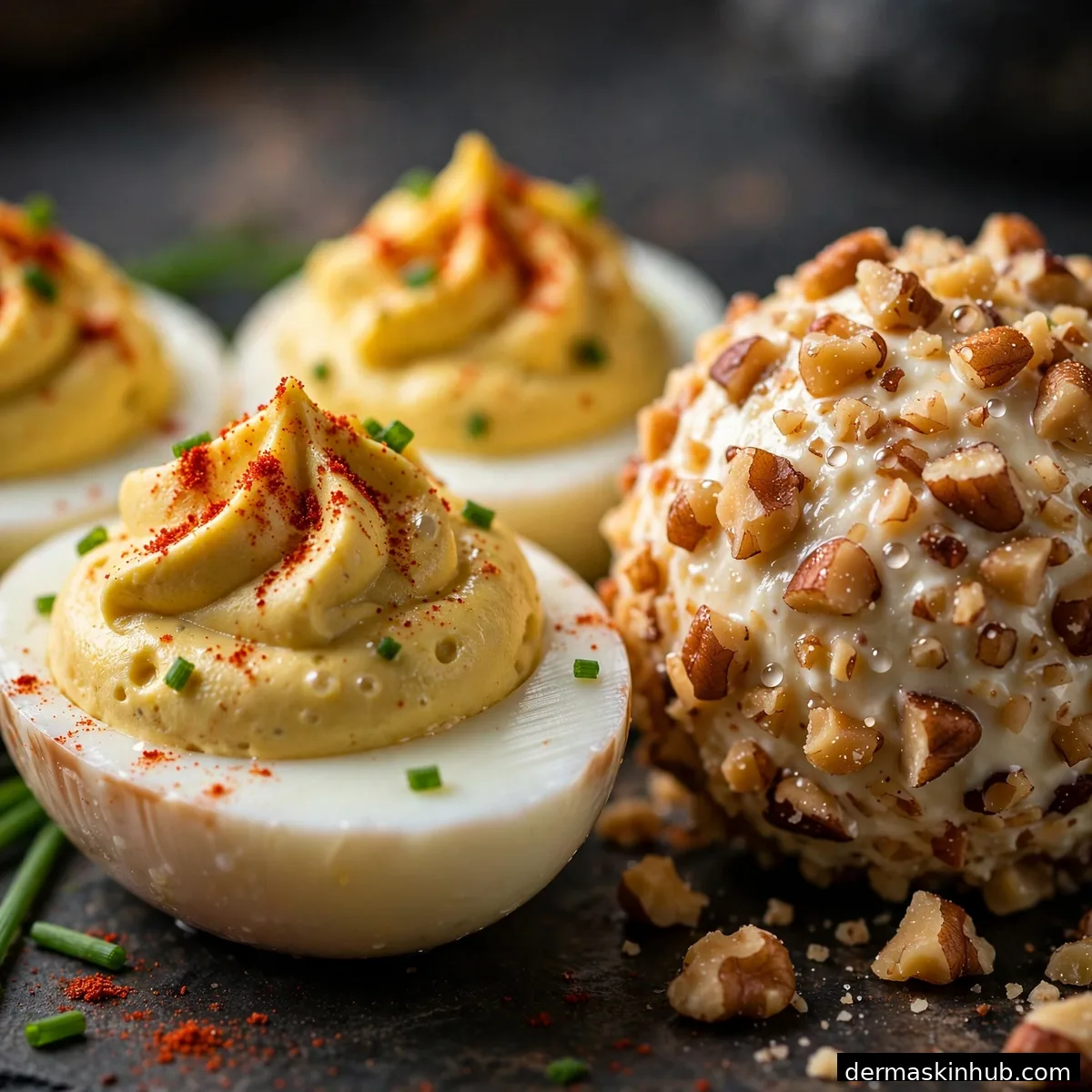 Close-up of deviled eggs and nut-crusted cheese ball