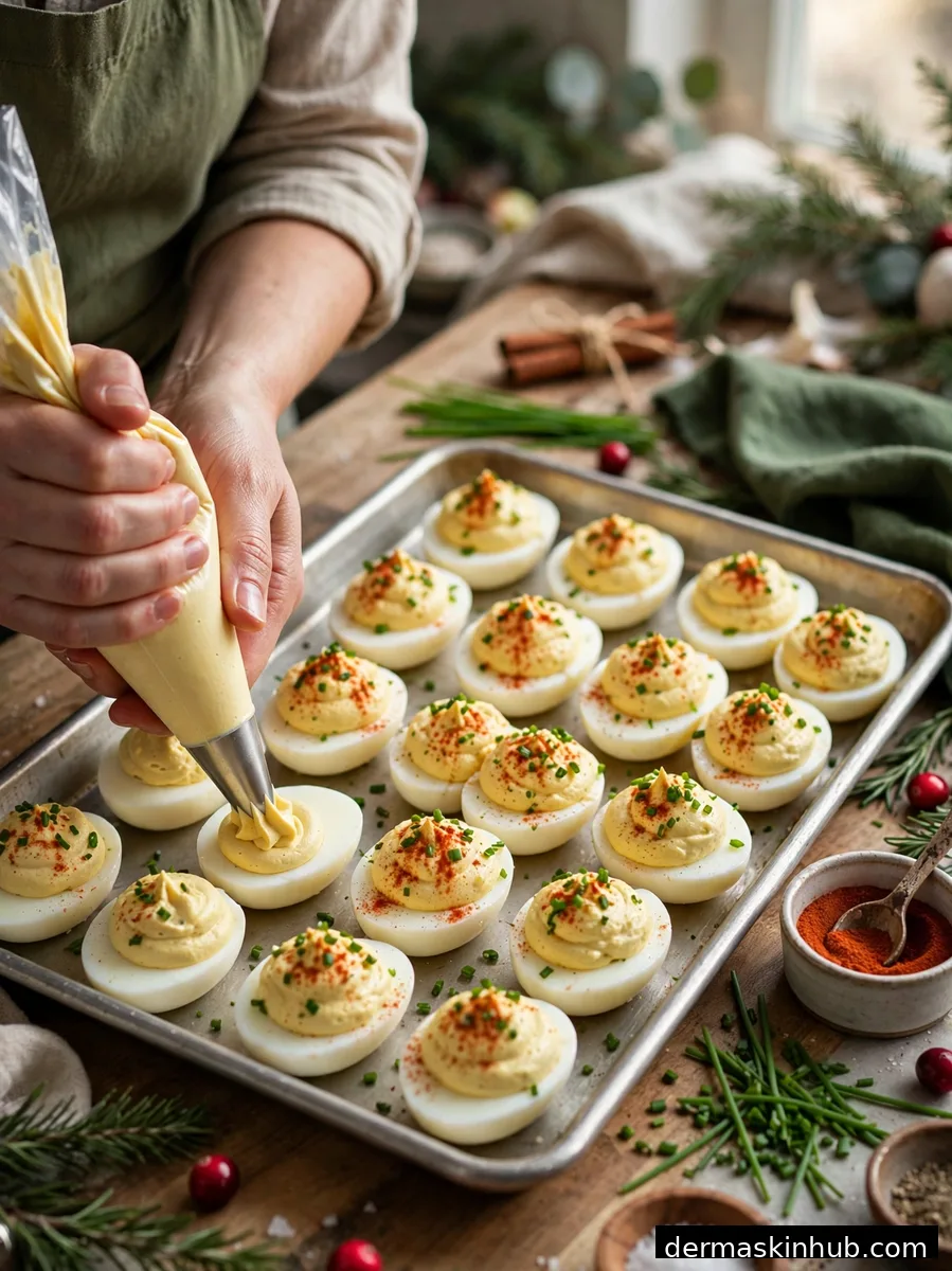 Piping deviled egg filling into egg halves