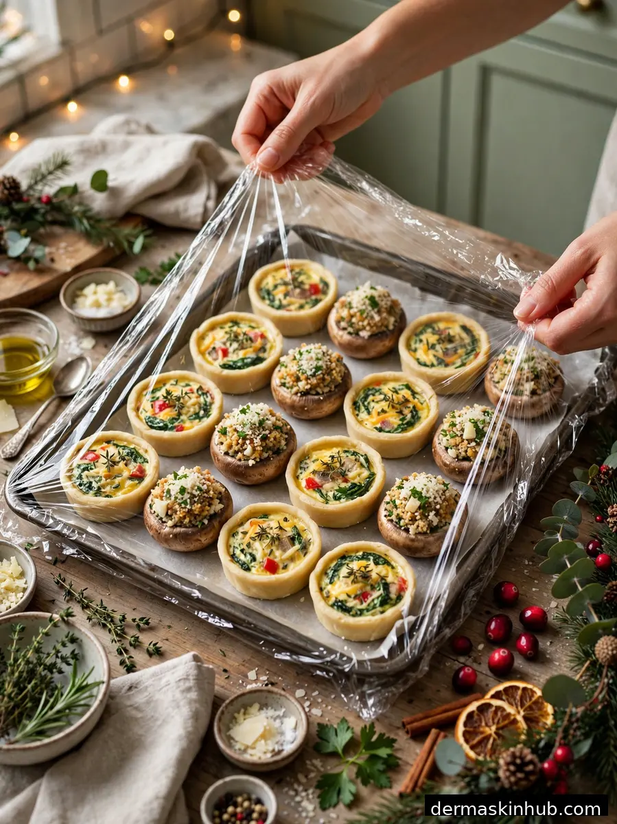 Covering assembled mini quiches and mushrooms for overnight storage